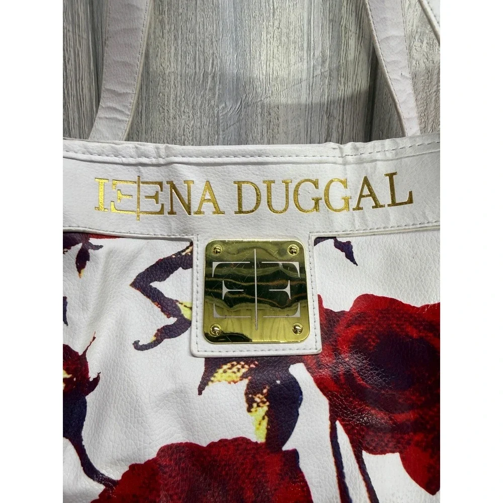 Ieena Duggal White Red Rose Floral Tote Bag Large Gold Hardware Shoulder Bag